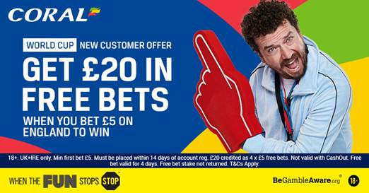 Get £20.00 in Free Bets When You Bet £5.00 on England to Win